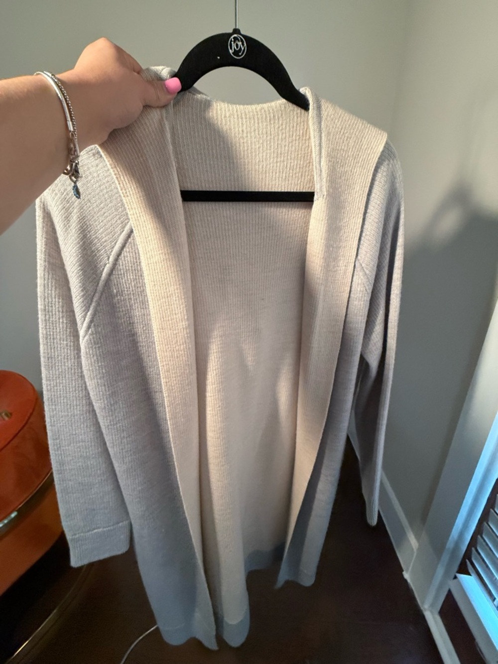 Athleta Two-Tone Taupe & Beige Hooded Open-Front Cardigan